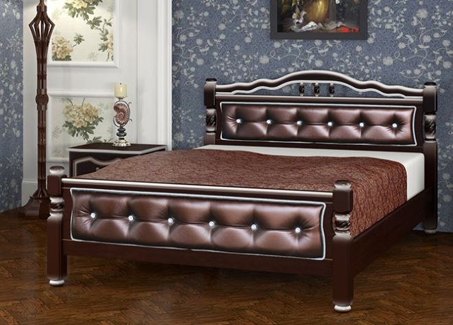 Кровать двуспальная Карина-11 (СМ 160х200) с элементами экокожи, без основания с универсальными царг ( 160х200 , дерево/МДФ , орех темный бриллиант , без подъемного мех. , без ящиков , без матраса (Браво-мебель) )